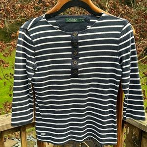 Lauren Ralph Lauren 1/4 button up long sleeve shirt blue & white stripes Size M